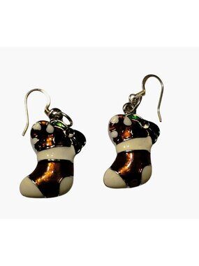 Christmas Stocking Enamel Dangle Drop Earrings Festive Holiday Hook Jewelry